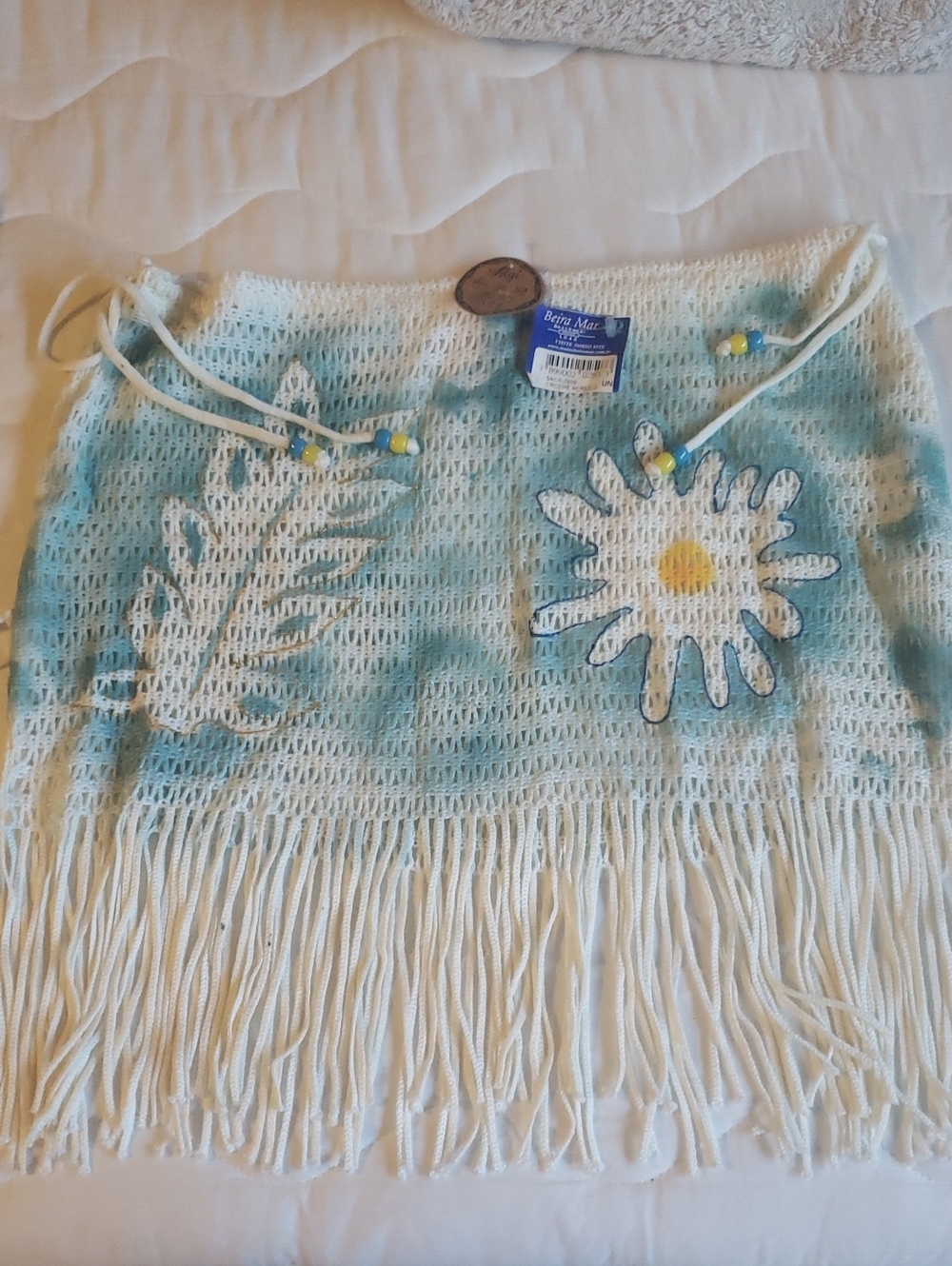 Cream and Light Blue Crochet Fringe Waist Wrap with Daisy